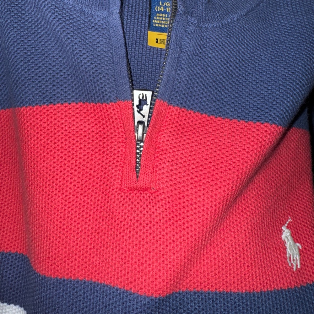 Polo by Ralph Lauren Men's Blue and Red Zip-Up Sweater
Size 14-16